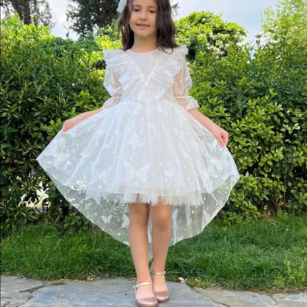 White Asymmetrical Butterfly Dress, Baby Girls Dress, Kids Summer Dresses